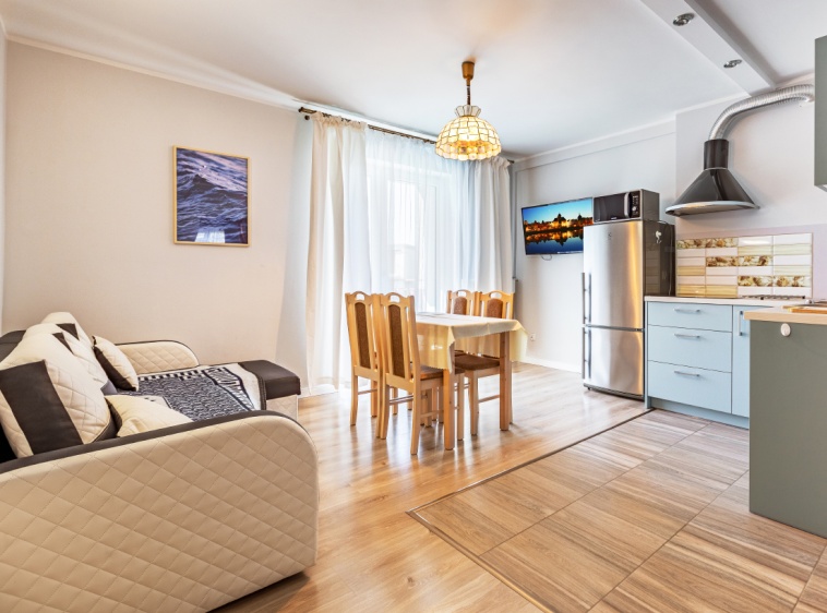 DW GOGA Apartament nr 4 - salon z kuchnią i balkonem